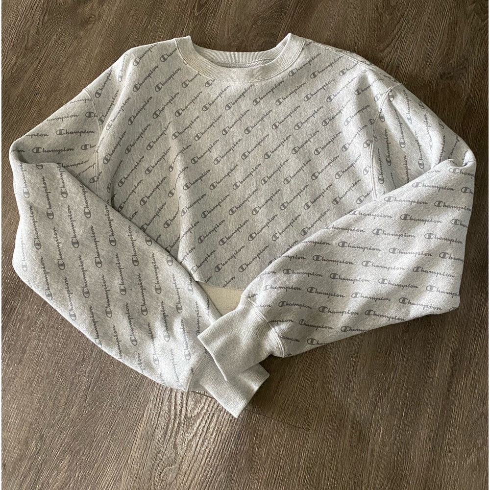 Champion Womens Reverse Weave Cropped All Over Print Script Sweatshirt Small
